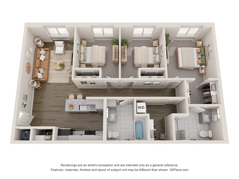 Floor plan for 3 beds, 2 baths, 1236 sqft